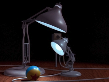 Luxo Jr. with Luxo Sr., depicted alongside the iconic Pixar ball in the Luxo Jr. animated short film, symbolizing Pixar's innovation in character-driven storytelling.